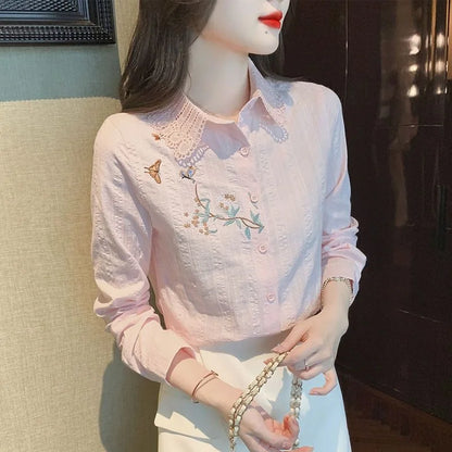 Blusas bordadas para mujer, primavera y otoño, informales, de manga larga, con cuello vuelto, de color liso, DF4775