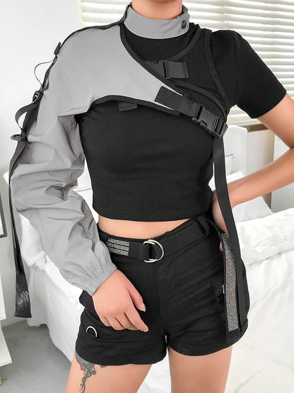 Reflective Crop Top Harajuku Punk Long Sleeve T-shirt Women Irregular Cargo Top One Shoulder T Shirt Ladies Street