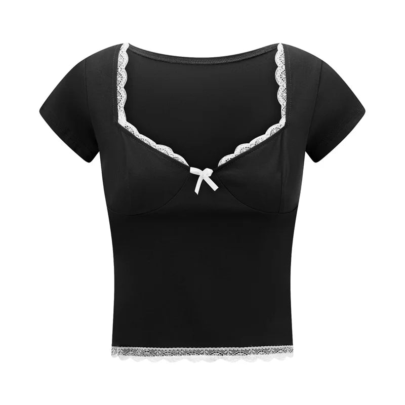 y2k Lace Trim Crop Top Women Sweetheart Neck Short Sleeve T Shirt with Bow Coquette Aesthetic Clothes 2000s Streetwear