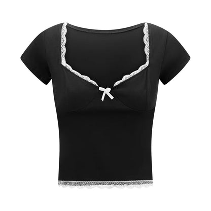 y2k Lace Trim Crop Top Women Sweetheart Neck Short Sleeve T Shirt with Bow Coquette Aesthetic Clothes 2000s Streetwear