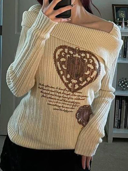 Suéter blanco de otoño e invierno para mujer, nuevo jersey de manga larga Y2k con estampado de corazón retro y hombros descubiertos, jersey ajustado y sexy