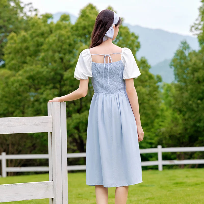 Dress Women Color-Blocking Puff Sleeves Sweet and Elegant Temperament Autumn Hepburn Style Tight Retro Skirt