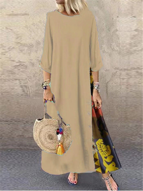 Vestidos largos vintage de lino y algodón para mujer, mangas tres cuartos, estampado empalmado, holgados, línea A, moda informal, maxivestido para mujer