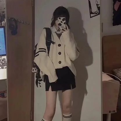 Cárdigan holgado de manga larga con cuello en V para mujer, tejido negro, holgado, combinable con todo, para otoño e invierno, estilo coreano, tops holgados y elegantes.