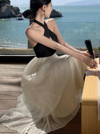 Elegante vestido de fiesta de noche con volantes y retazos para mujer, sin mangas, con cuello halter y espalda descubierta, corte en A, de una pieza