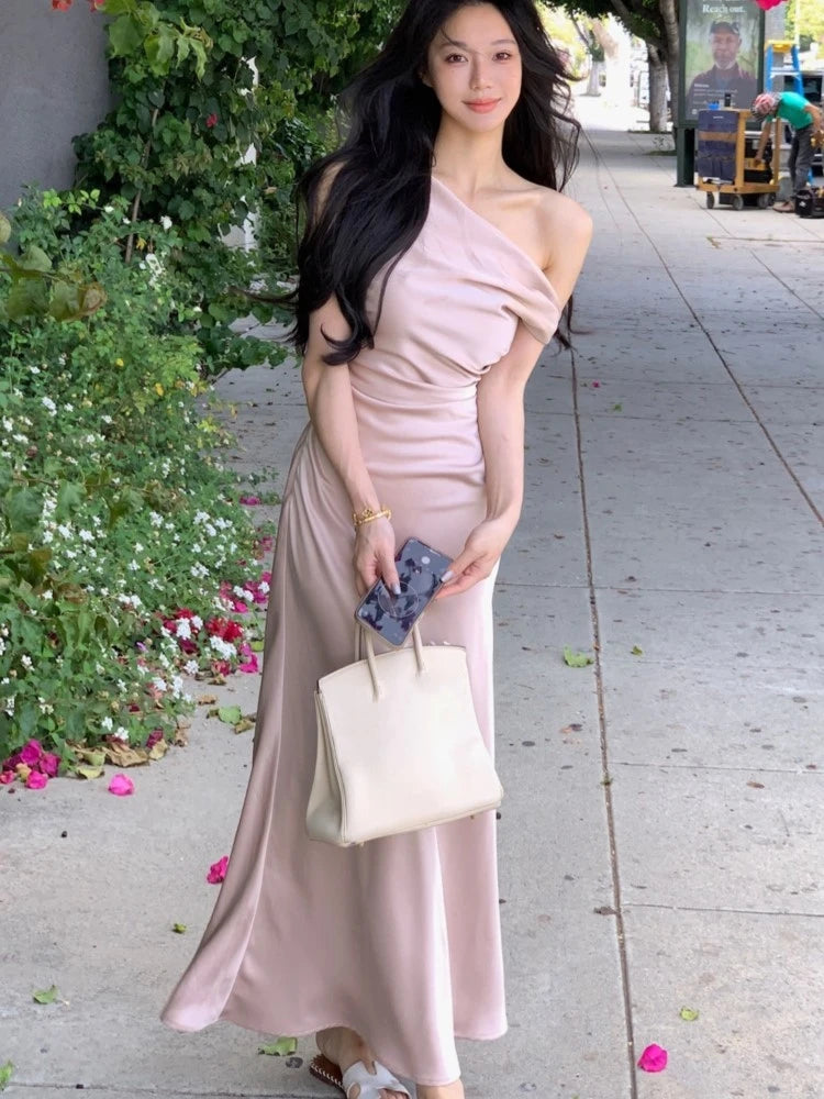 Elegante vestido largo ajustado de satén para mujer, con hombros descubiertos, liso, estilo sirena francesa, para boda, fiesta de noche, graduación