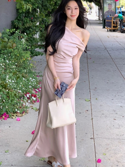 Elegante vestido largo ajustado de satén para mujer, con hombros descubiertos, liso, estilo sirena francesa, para boda, fiesta de noche, graduación