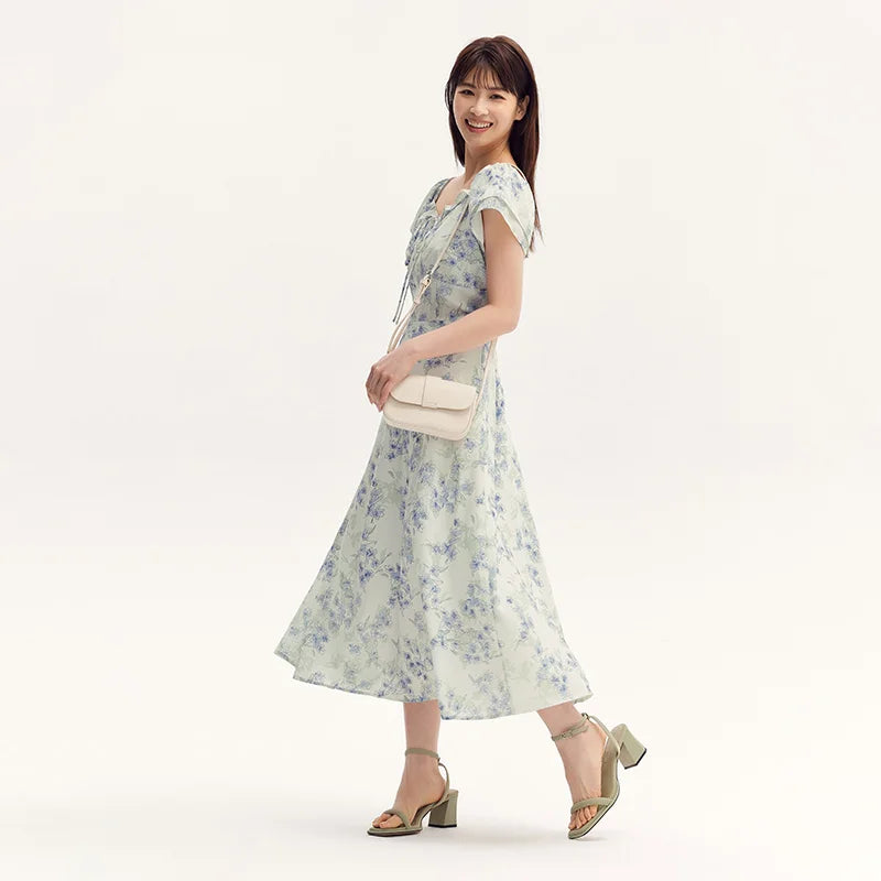 Dress Women Square Neckline Ruffled Trim And Short Flutter Sleeve  Summer New Fresh And Delicate Chiffon Floral Dress