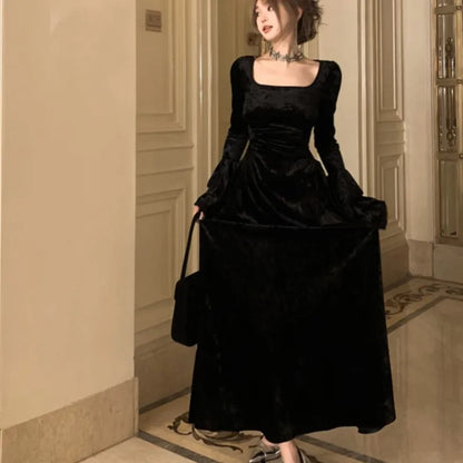 Vestidos largos de terciopelo Y2K para mujer, con mangas acampanadas, cuello cuadrado, cintura estrecha, corte en A, para fiesta de noche y graduación, para otoño e invierno