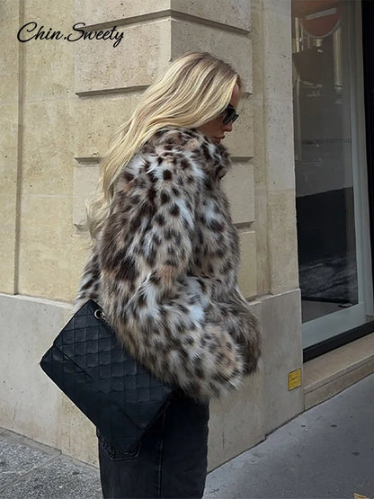 Abrigo corto de piel sintética con estampado de leopardo para mujer, chaqueta de botones sueltos con solapa de felpa abullonada, abrigo grueso y cálido de invierno