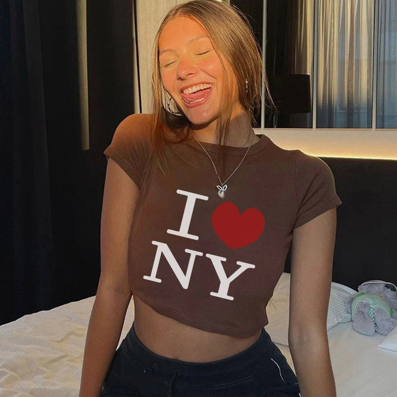 Camiseta de verano Y2K con cuello redondo, manga corta, letras estampadas, ombligo abierto, para mujer europea y americana