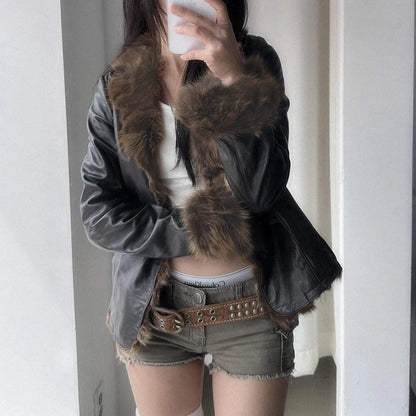 Chaqueta de piel sintética con cuello vuelto, estilo coreano, cárdigan de invierno, abrigo punk vintage de los años 90, ropa de abrigo elegante para mujer, otoño