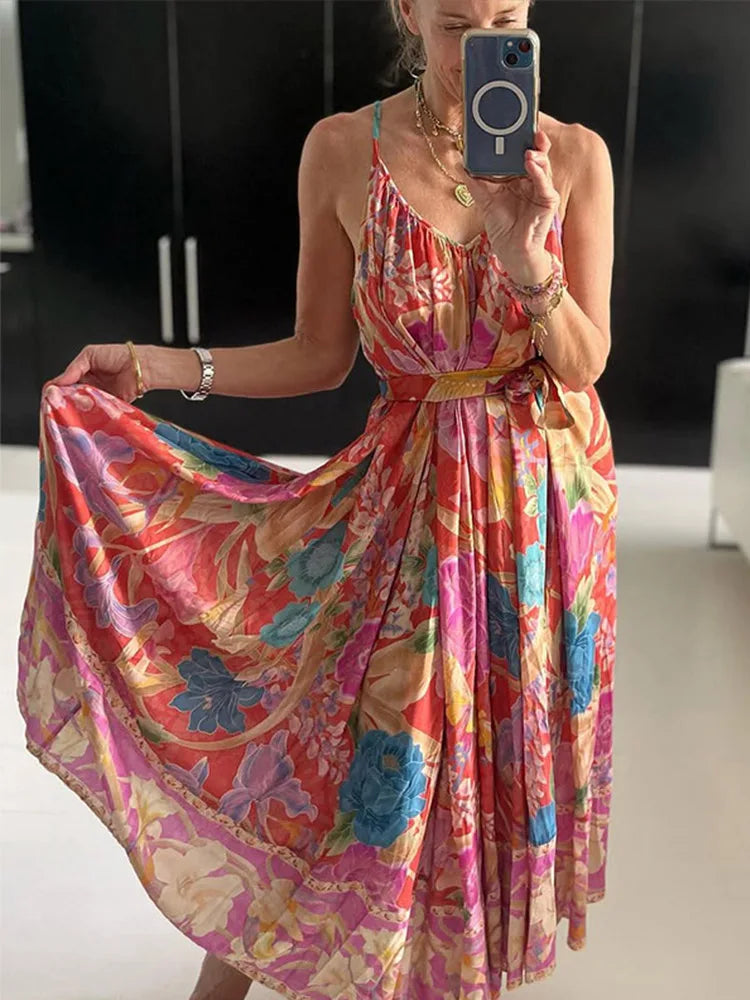 Loose Printed V-neck Sling Dresses Women Retro Printing Sleeveless Backless Long Dress Female Spring Chic Street Beach Holiday