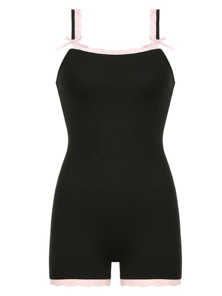 Monos ajustados y sexys con cuello cuadrado y parches de encaje en contraste para mujer, ropa bonita y estilo Y2K