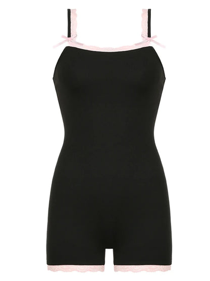 Monos ajustados y sexys con cuello cuadrado y parches de encaje en contraste para mujer, ropa bonita y estilo Y2K