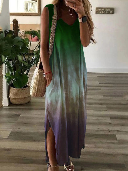 Vestidos largos sin mangas con estampado tie-dye degradado para mujer, moda informal, cuello en V, holgados, con abertura, estilo chaleco, de verano, línea A
