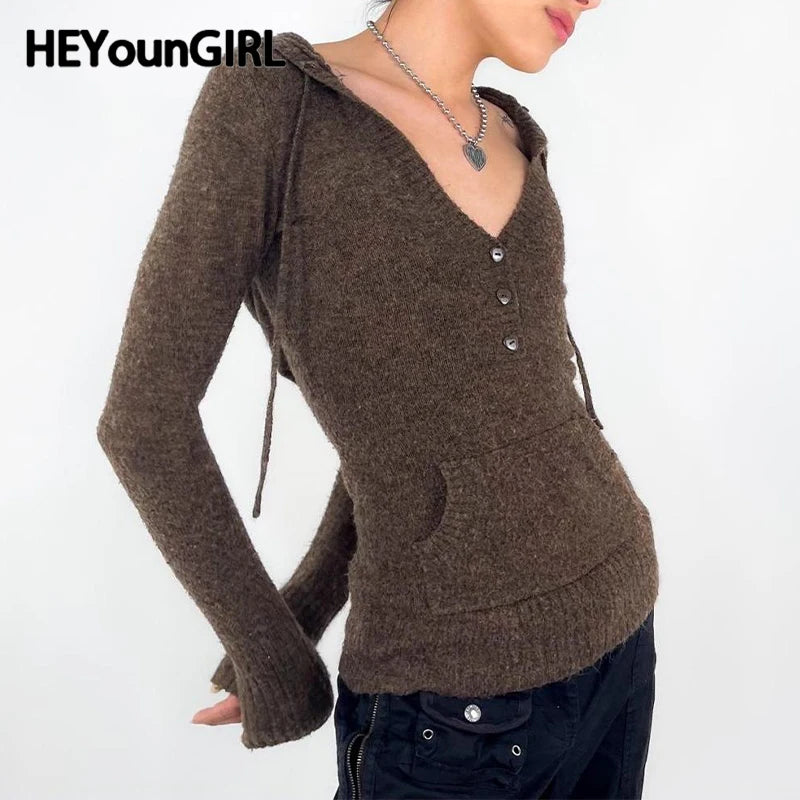 Y2K Brown V-neck Hooded Sweater Vintage Basic Slim Button Up Knitted Pullovers Autumn Casual Streetwear Outfits Lady