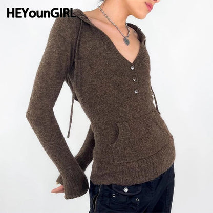 Y2K Brown V-neck Hooded Sweater Vintage Basic Slim Button Up Knitted Pullovers Autumn Casual Streetwear Outfits Lady