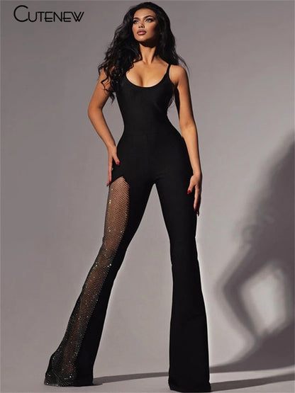 Mono sexy de malla con retazos de un solo hombro para mujer, elegante, liso, ajustado, con pantalones acampanados, mono de moda para fiesta, ropa de calle