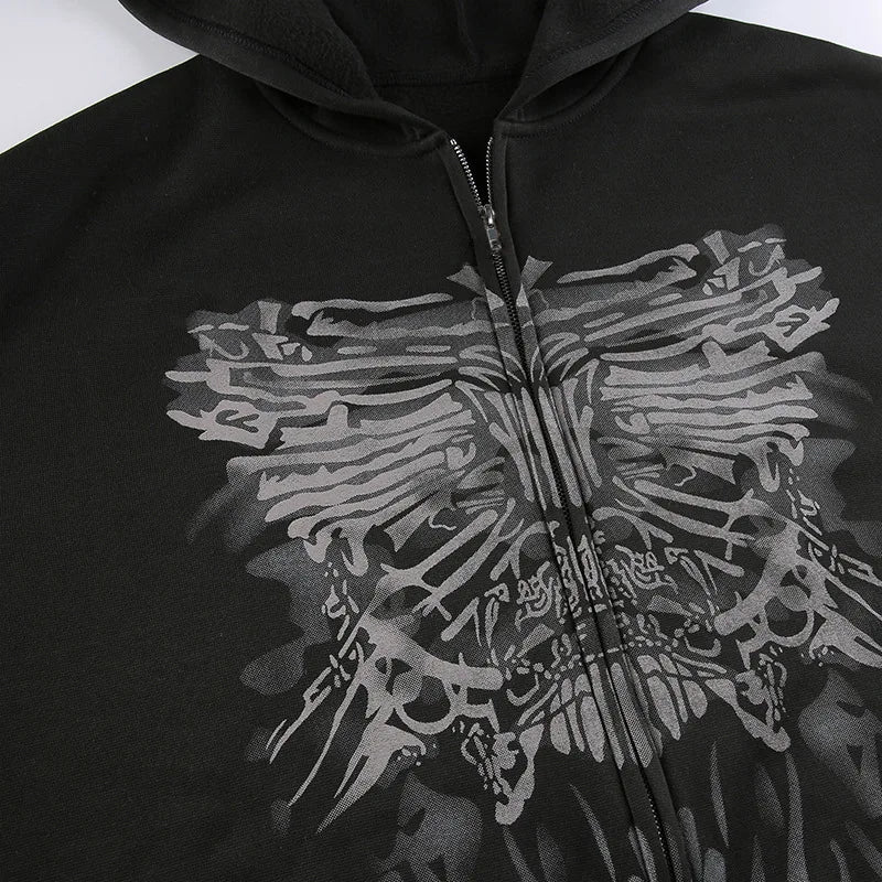 Dark personality printed hoodie female American  new black hooded zipper coat loose casual top