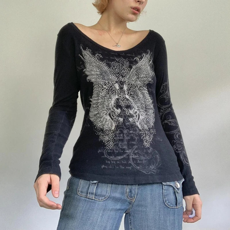 2000s Retro Rhinestone Graphic Print T-shirt Harajuku Grunge Y2K Aesthetics Fairy Crop Top Korean Fashion Vintage Mall Goth Tees