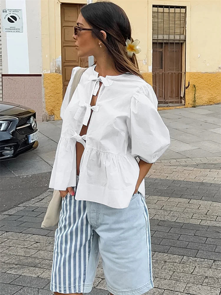 Camiseta informal de manga corta con agujeros para mujer, camisetas de verano con retazos y cordones, ropa de calle holgada, camisetas Y2k para mujer