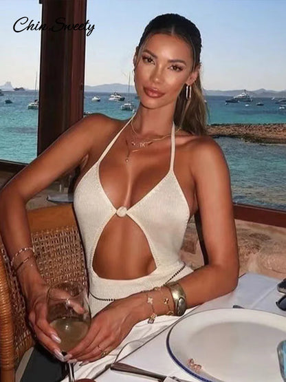 Women Knit Halter Maxi Dress Backless Lace Up V Neck Cutout Bodycon Long Dresses 2025 Summer Vacation Party Holiday Robes New
