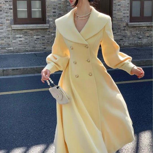 Abrigos largos de invierno para mujer, de moda, con solapa, cruzados, mangas farol, lisos, vintage, elegantes, de lana.