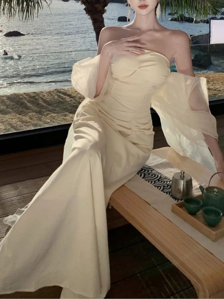 Elegantes vestidos largos de boda para mujer, sin tirantes, ceñidos, de sirena, para fiesta de noche, ajustados, para graduación, moda coreana, Vestido para mujer