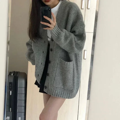 Suéteres y cárdigans para mujer, abrigos, moda Otoño Invierno, chaquetas de punto holgadas de manga larga con cuello en V, suéteres informales tipo cárdigan
