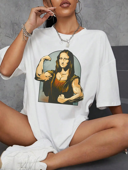 Camiseta holgada informal de algodón de manga corta con estampado de "Haciendo bromas a la Mona Lisa" para mujer