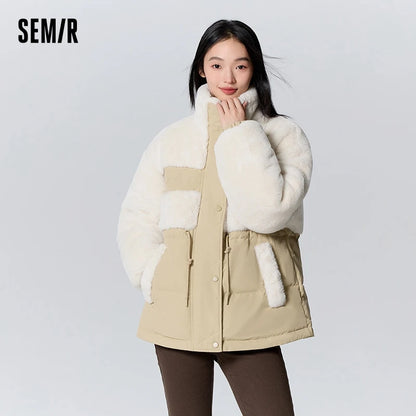 Chaqueta de plumón para mujer, de longitud media, holgada, con empalmes de imitación de piel de conejo, nueva chaqueta fina de invierno con cuello alto y cintura alta.