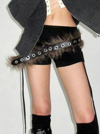 Fashion Vintage Faux Fur Spliced Leather Pu Women Belt Chic Hottie Y2k Simple All-Match Waist Accessories