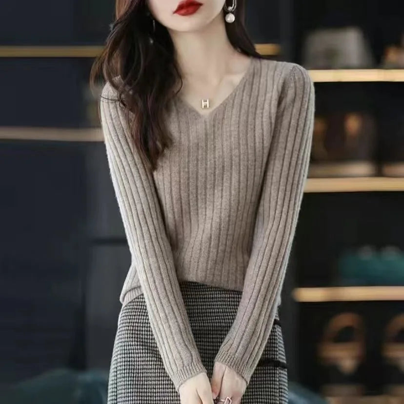 Suéter de mujer, jersey de manga larga de punto, cuello en V, suéter de moda para mujer, ropa básica de invierno para mujer, suéter liso OL DF4933