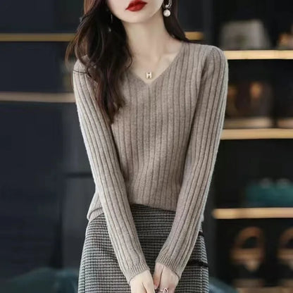 Suéter de mujer, jersey de manga larga de punto, cuello en V, suéter de moda para mujer, ropa básica de invierno para mujer, suéter liso OL DF4933