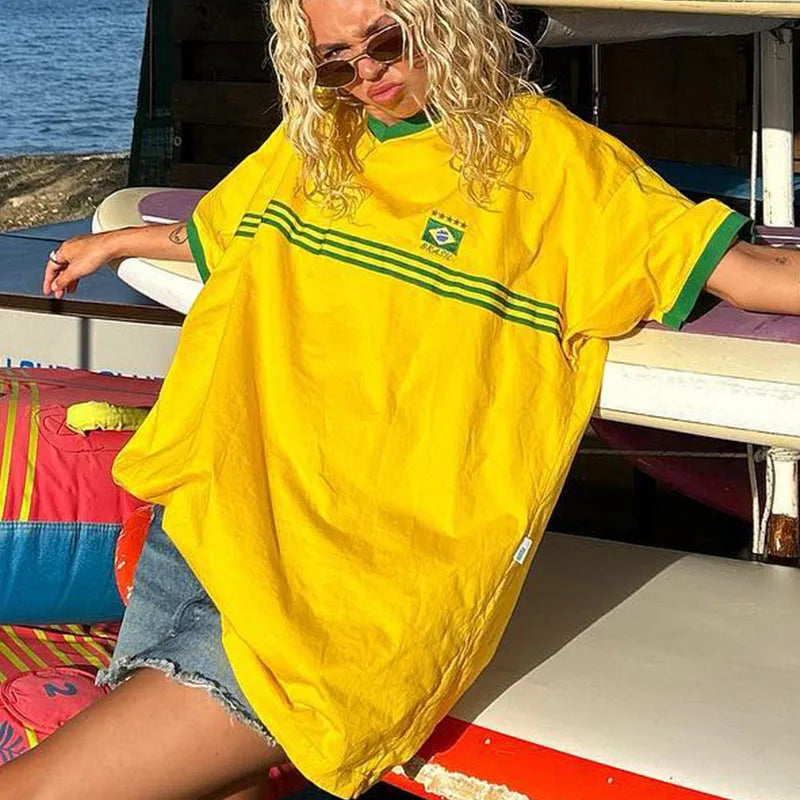 Camiseta holgada de manga corta con estampado de letras informal de cuello redondo para mujer de hip hop de Europa y Estados Unidos para primavera y verano