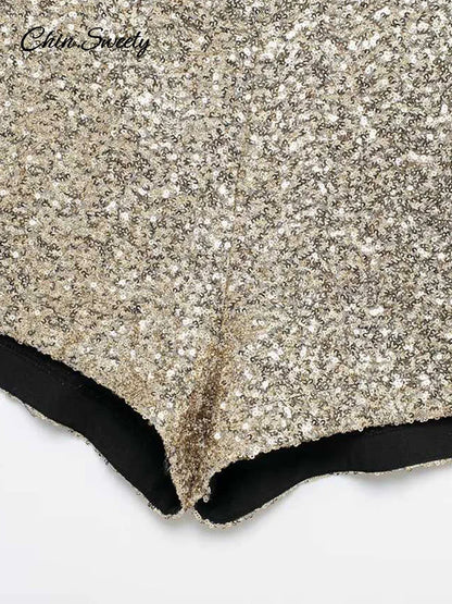 Y2K Sequin High Waist Shorts Women Fashion Lady Solid Shiny All-matching Short Pant 2025 Spring Summer Female Glitter Streetwear