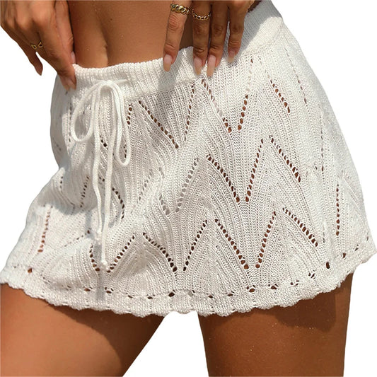 Beach Skirt Cover Up  Summer Women Solid Color Drawstring High Waist Knitted Mini Skirt Casual Swimming Costume