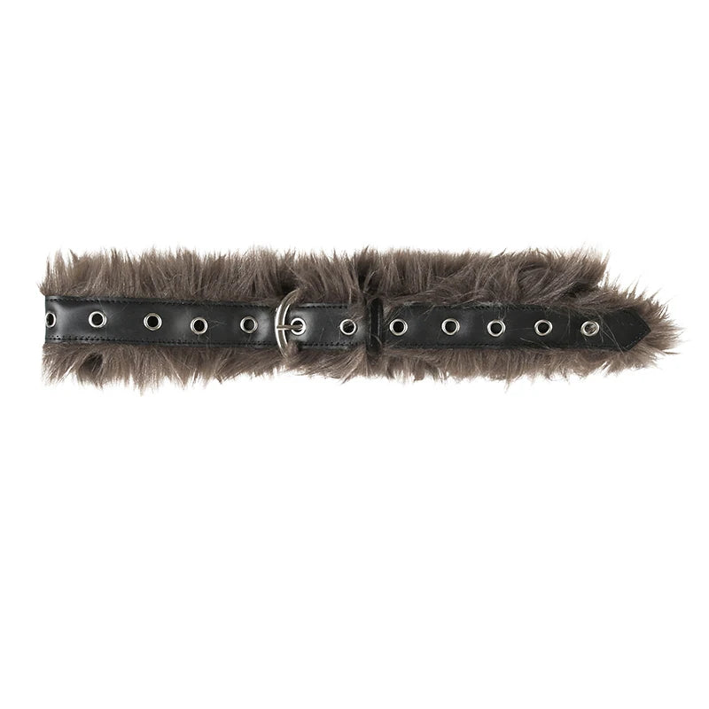 Fashion Vintage Faux Fur Spliced Leather Pu Women Belt Chic Hottie Y2k Simple All-Match Waist Accessories