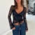 Sexy Deep V Neck Cross Wrap T-Shirts Fairy Coquette Floral Lace Sheer Blouses Tees Shirt Women Tie Up Cropped Tops Y2k Clothes