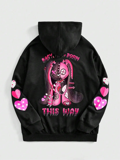 Oso títere rosa con una apariencia adorable y aterradora. Sudadera con capucha de forro polar cálido para mujer, ropa informal de calle, estilo hipster, holgada.