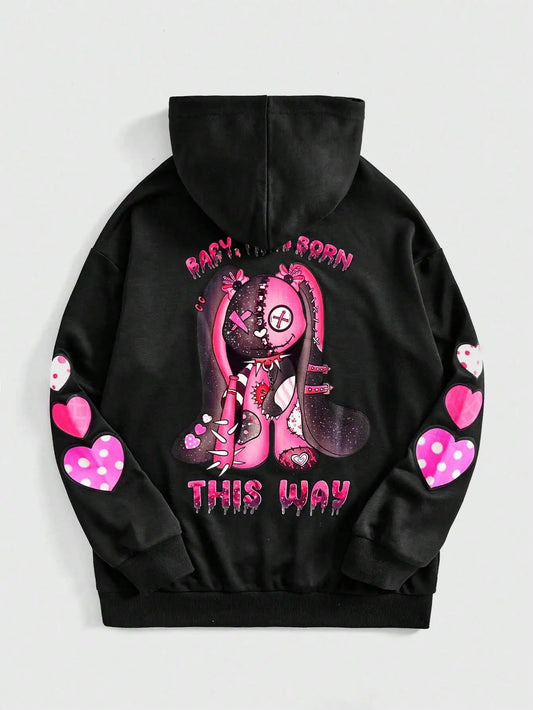 Oso títere rosa con una apariencia adorable y aterradora. Sudadera con capucha de forro polar cálido para mujer, ropa informal de calle, estilo hipster, holgada.