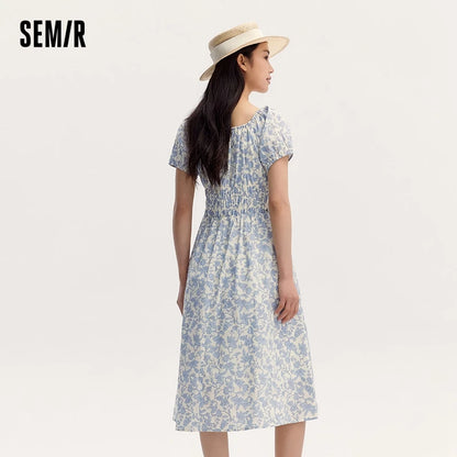 Vestido de mujer suave y elegante de verano nuevo estilo francés cuello cuadrado cintura ceñida longitud media fresco