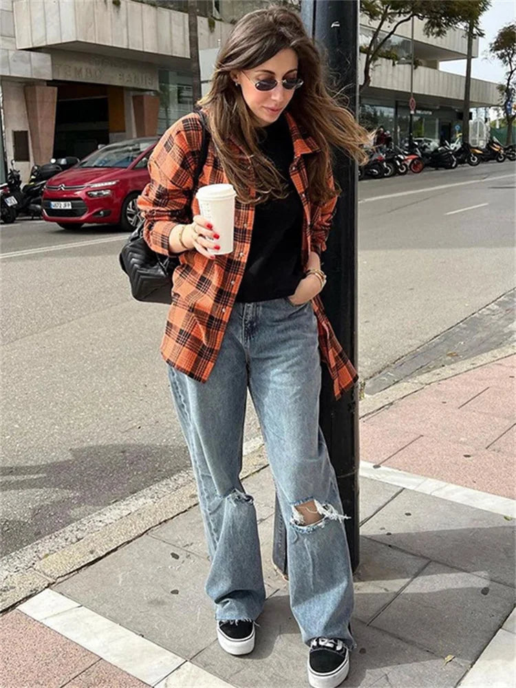 Casual Vintage For Women Shirts Outwear Lapel Fashion Loose Patchwork Streetwear Long Sleeve Striped Female Cardigan Coat