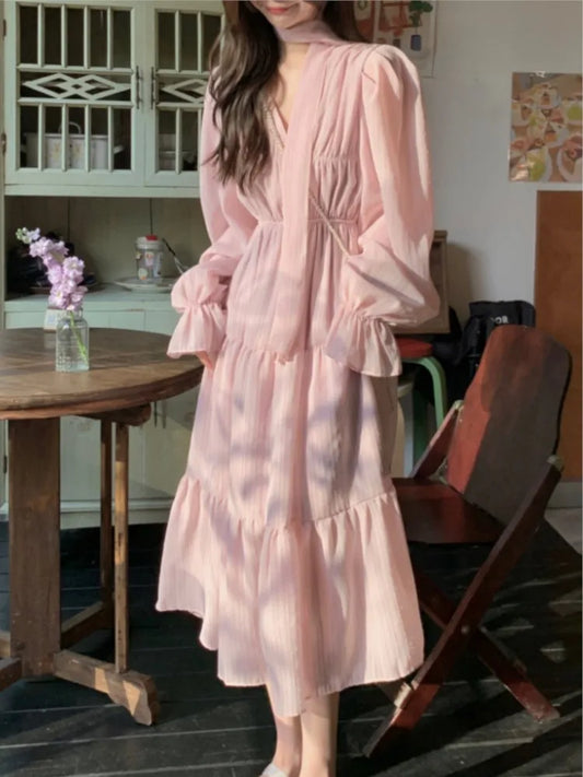 Elegantes vestidos midi de otoño para mujer, cuello en V, mangas acampanadas, corte A, lisos, moda coreana, casuales, franceses, vintage, vestidos para mujer, nuevos