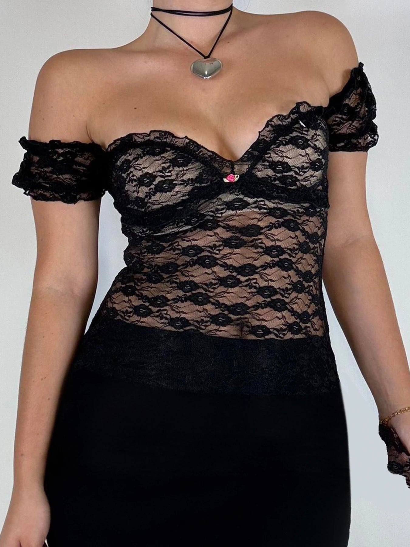 Camisetas transparentes ajustadas y sexis de encaje con cuello cuadrado negro para mujer, blusas de manga corta con flores lisas rosas, blusas estilo ballet Y2K