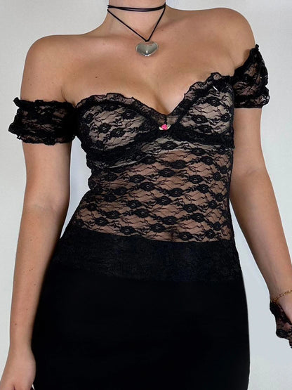 Camisetas transparentes ajustadas y sexis de encaje con cuello cuadrado negro para mujer, blusas de manga corta con flores lisas rosas, blusas estilo ballet Y2K