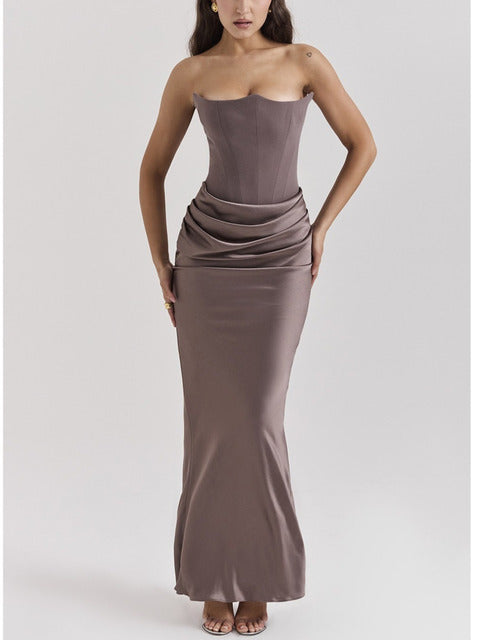 Elegant Strapless Satin PatchWork Bodycon Party Club Evening Dress Women Winter Sexy Backless Female Vestido 2025 New