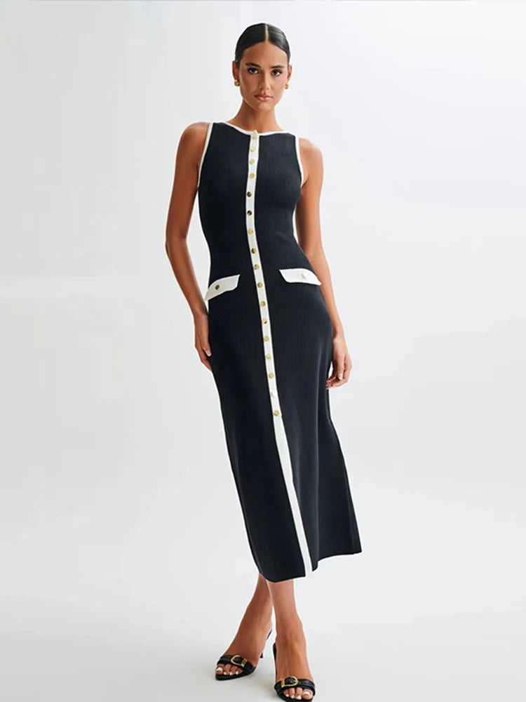 Elegant Single Breasted Knitted Maxi Dress Women Fashion O Neck Sleeveless Fake Pockets Dresses  New Lady High Street Robes