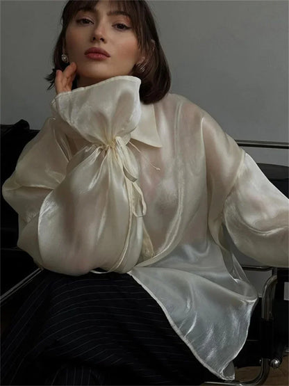 Casual Loose See-Through Shirts Coat Female Lapel Long Sleeve Lace-Up 2025 Summer Outwear Women’s Solid Patchwork Blouse